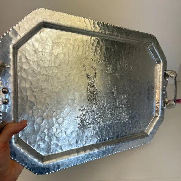 Vtg Deer‎ Geese Trade Continental Hand Wrought Hammered Aluminum Tray w Handles - Picture 11 of 11